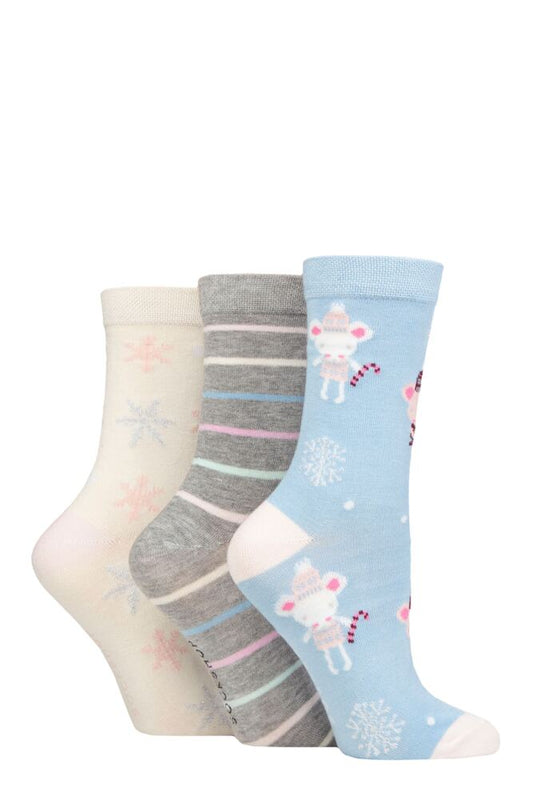 Ladies 3 Pair SOCKSHOP Lazy Panda Christmas Bamboo Socks